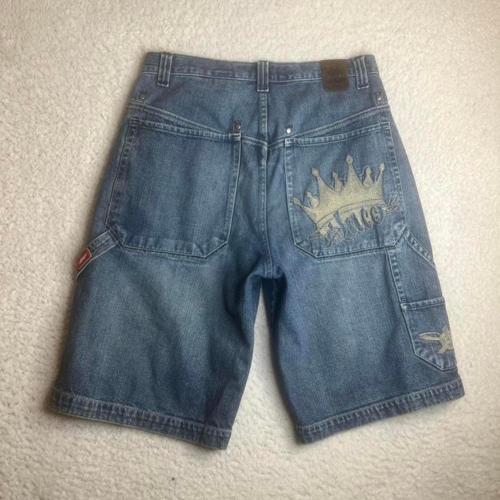 Y2K JNCO men's blue carpenter all embroidered crown jorts shorts denim 34